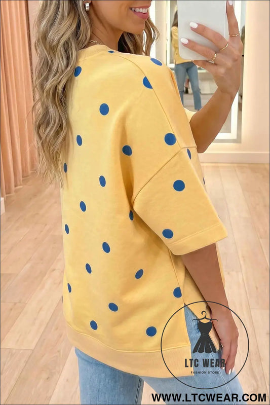 Yellow Polka Dot Print Crossed Seam Detail Oversize Tee