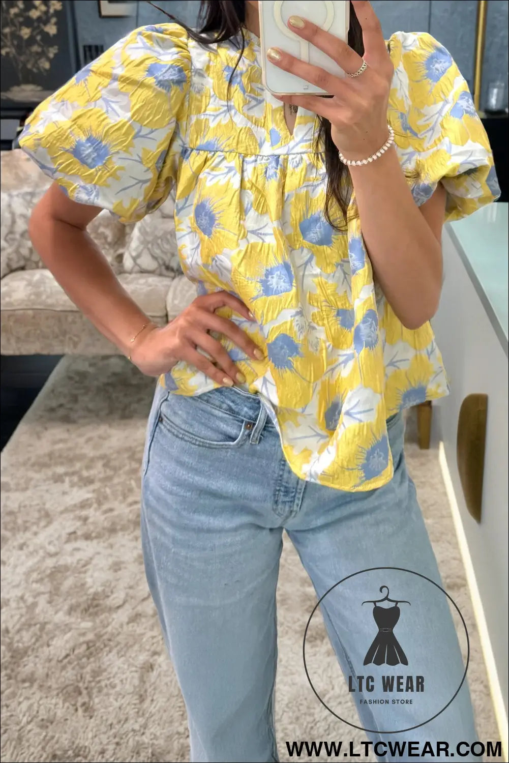 Yellow short bubble sleeve summer floral blouse - yellow / l / 100% polyester - blouses & shirts