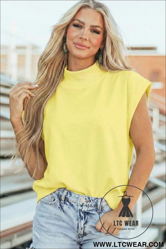Yellow Solid Color High Neck Cap Sleeve Loose Top