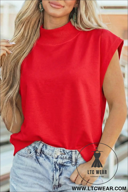 Yellow Solid Color High Neck Cap Sleeve Loose Top - L.T.C Wear Online Fashion Store