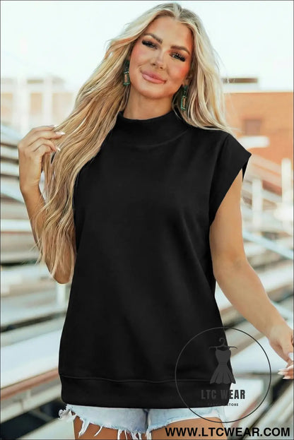 Yellow Solid Color High Neck Cap Sleeve Loose Top - L.T.C Wear Online Fashion Store