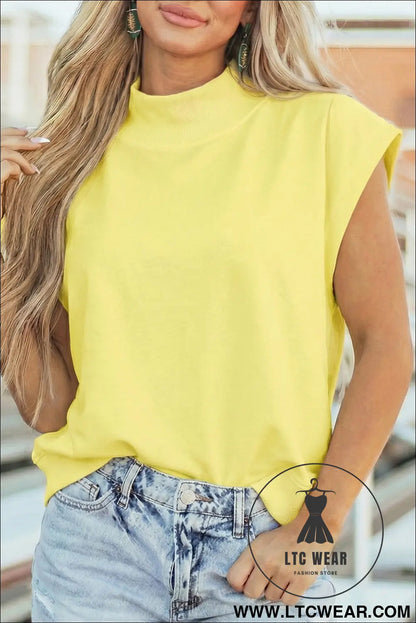 Yellow Solid Color High Neck Cap Sleeve Loose Top - L.T.C Wear Online Fashion Store