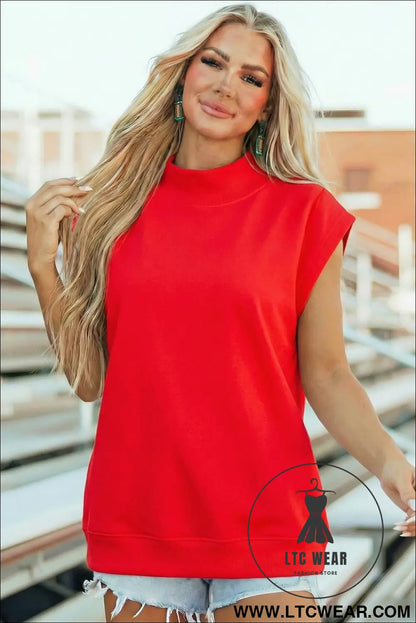 Yellow Solid Color High Neck Cap Sleeve Loose Top - L.T.C Wear Online Fashion Store