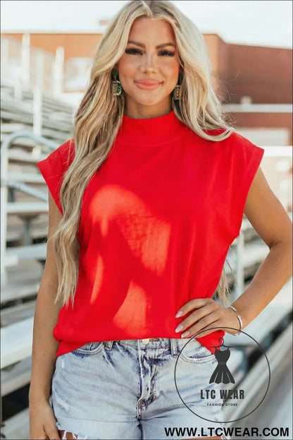 Yellow Solid Color High Neck Cap Sleeve Loose Top - L.T.C Wear Online Fashion Store