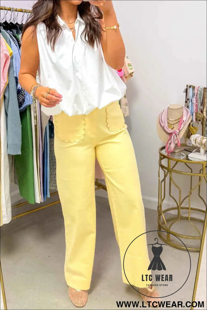 Yellow Solid Color Scalloped Patch Pocket Shift Jeans