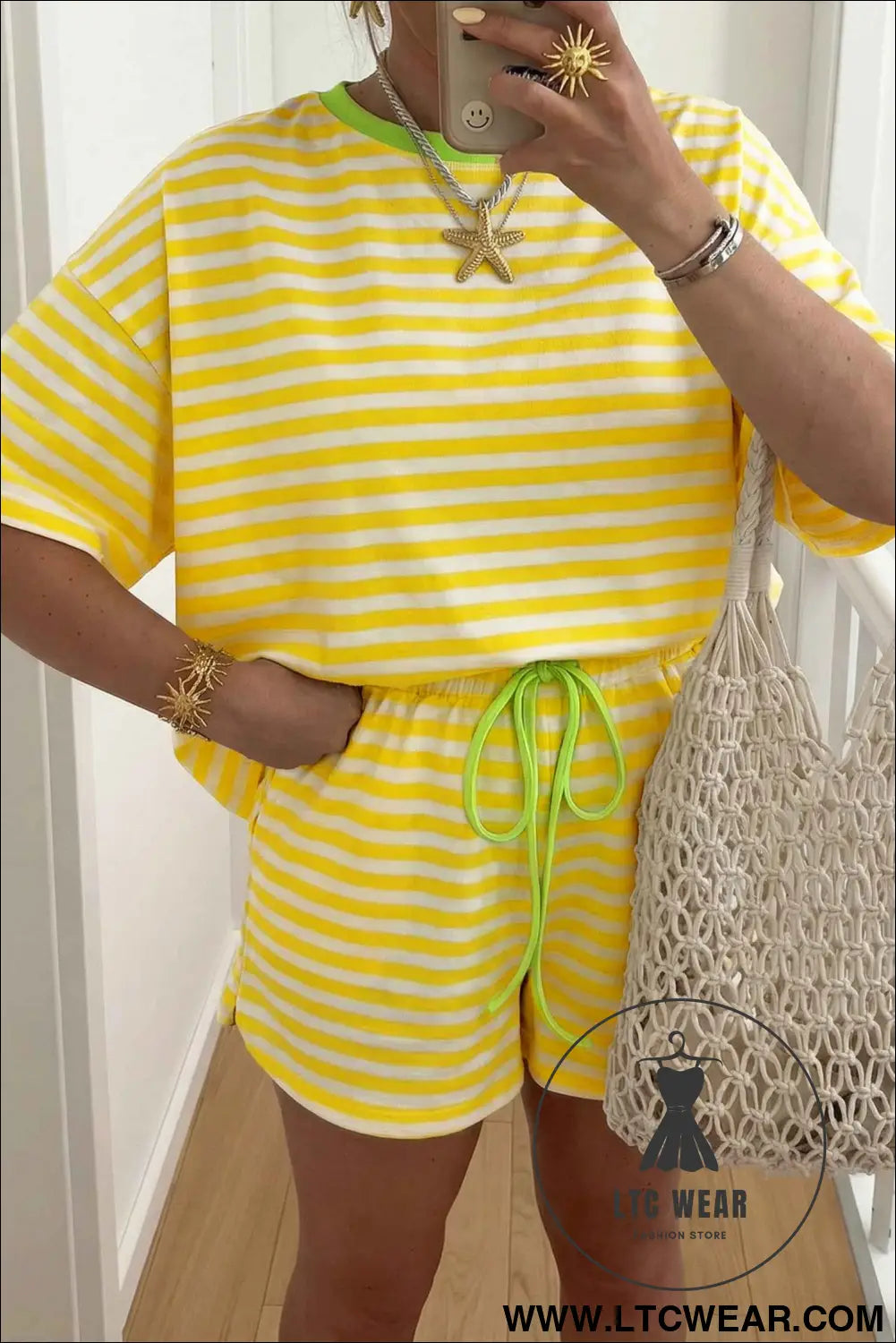 Yellow Stripe Contrast Neck Loose Tee and Drawstring Shorts Set