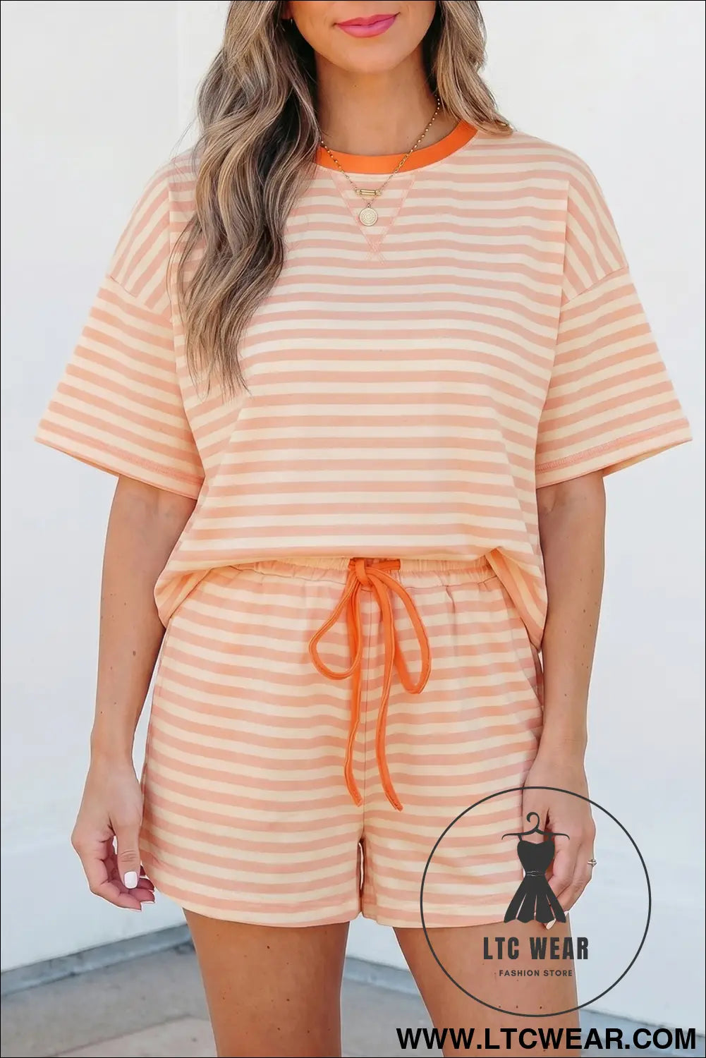 Yellow Stripe Contrast Neck Loose Tee and Drawstring Shorts Set - L.T.C Wear Online Fashion Store