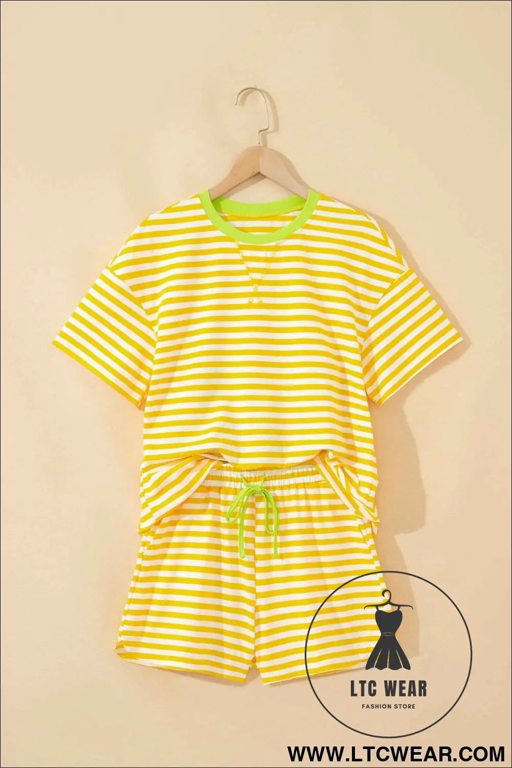 Yellow Stripe Contrast Neck Loose Tee and Drawstring Shorts Set