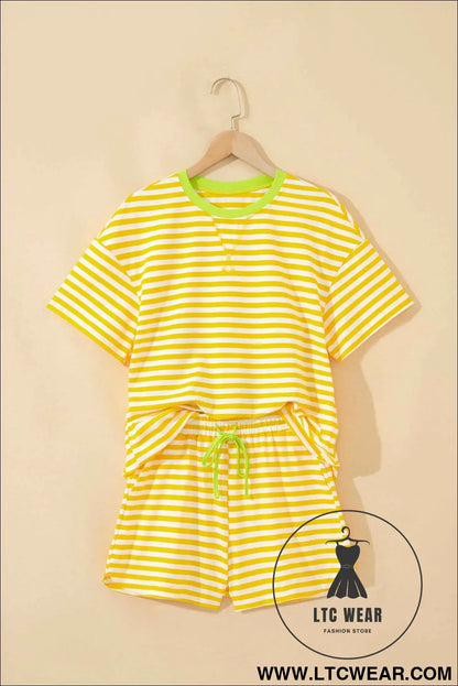Yellow Stripe Contrast Neck Loose Tee and Drawstring Shorts Set