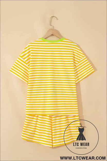 Yellow Stripe Contrast Neck Loose Tee and Drawstring Shorts Set