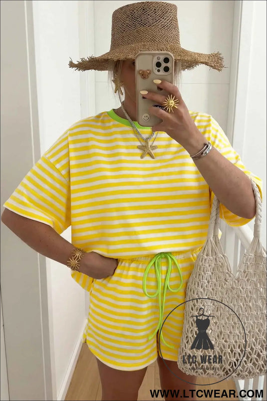 Yellow Stripe Contrast Neck Loose Tee and Drawstring Shorts Set