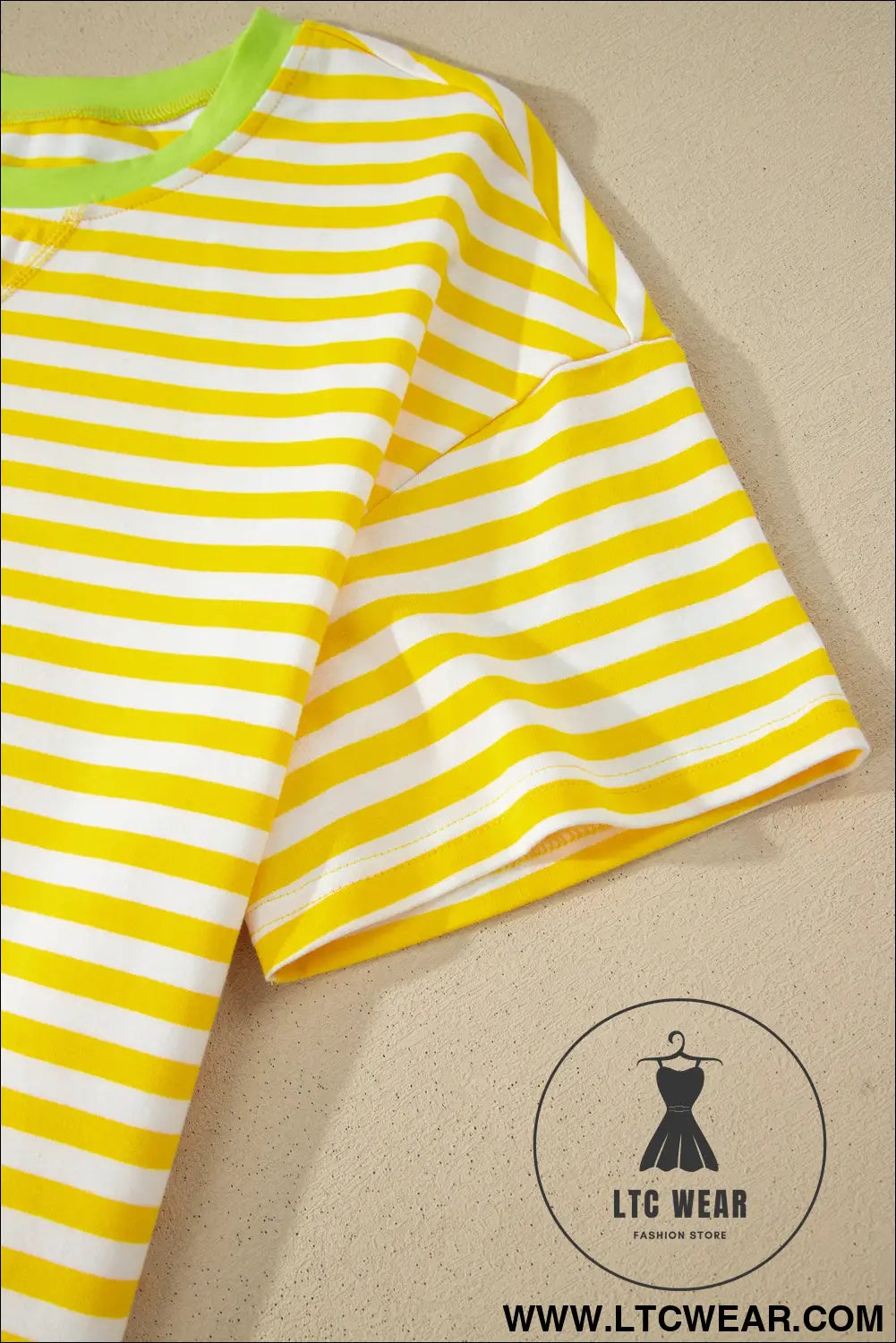Yellow Stripe Contrast Neck Loose Tee and Drawstring Shorts Set - L.T.C Wear Online Fashion Store