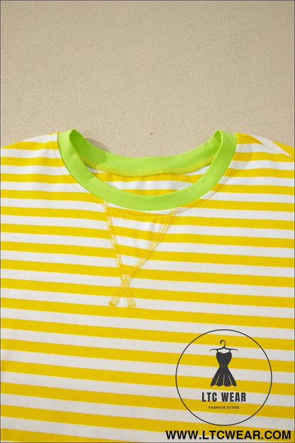 Yellow Stripe Contrast Neck Loose Tee and Drawstring Shorts Set - L.T.C Wear Online Fashion Store