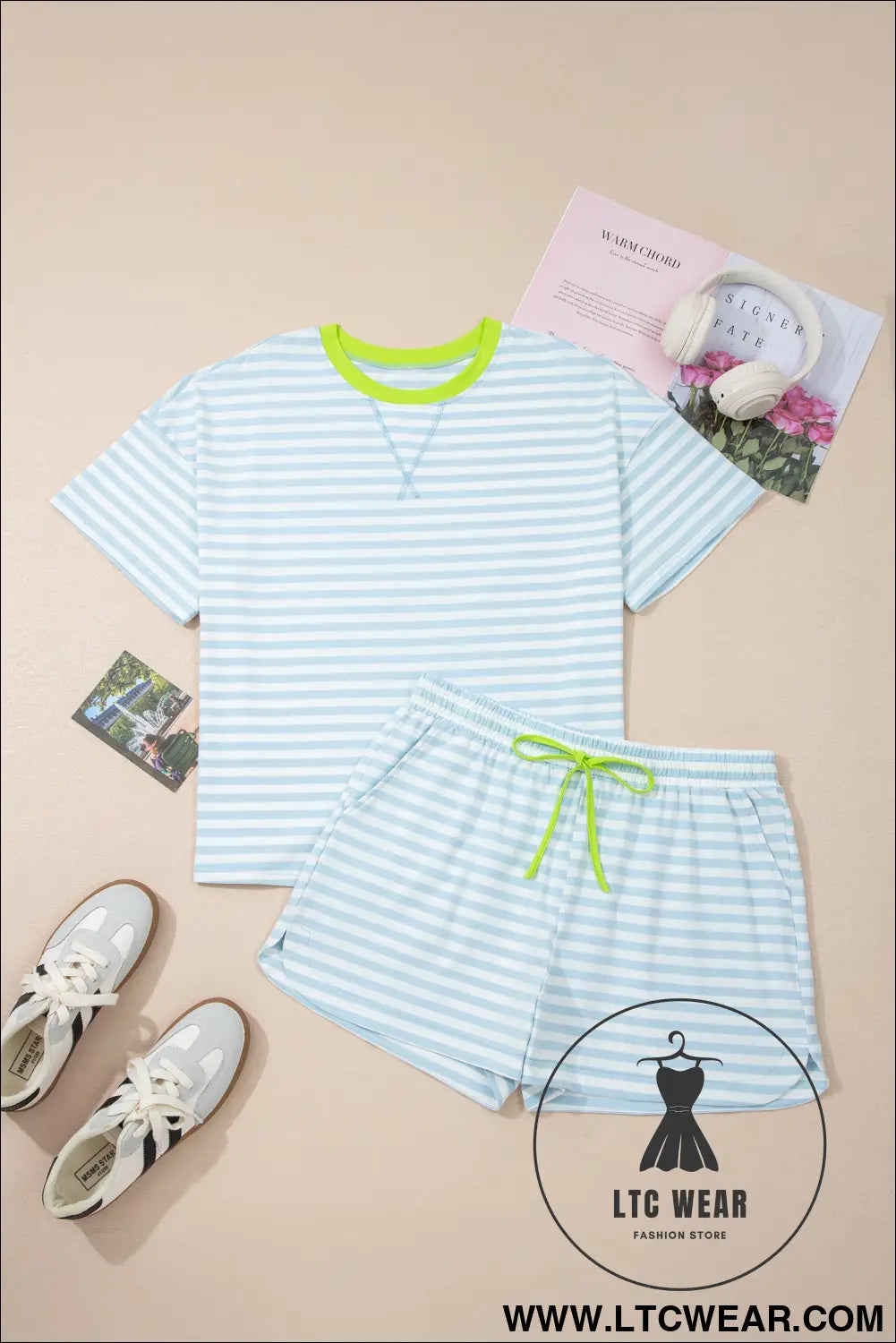 Yellow Stripe Contrast Neck Loose Tee and Drawstring Shorts Set - L.T.C Wear Online Fashion Store