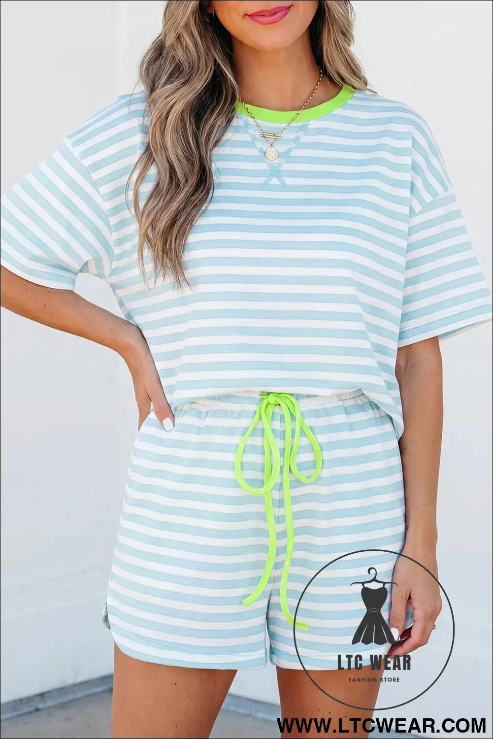 Yellow Stripe Contrast Neck Loose Tee and Drawstring Shorts Set - L.T.C Wear Online Fashion Store