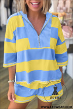 Yellow stripe seam detail half zip tee casual shorts 2pcs set - yellow stripe / l / 95% polyester + 5% elastane - short