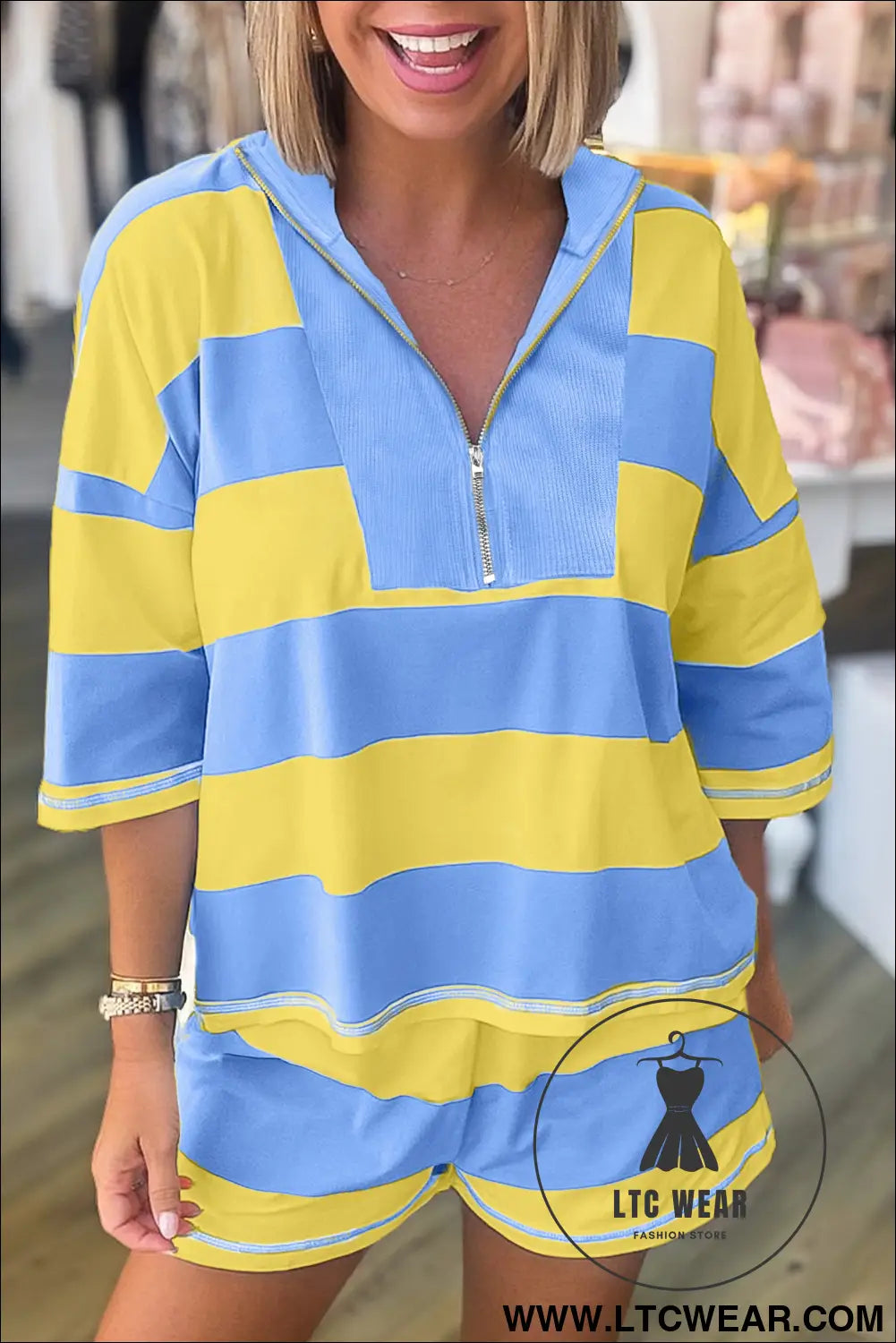 Yellow stripe seam detail half zip tee casual shorts 2pcs set - yellow stripe / l / 95% polyester + 5% elastane - short