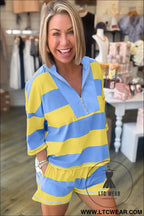 Yellow stripe seam detail half zip tee casual shorts 2pcs set - short sets