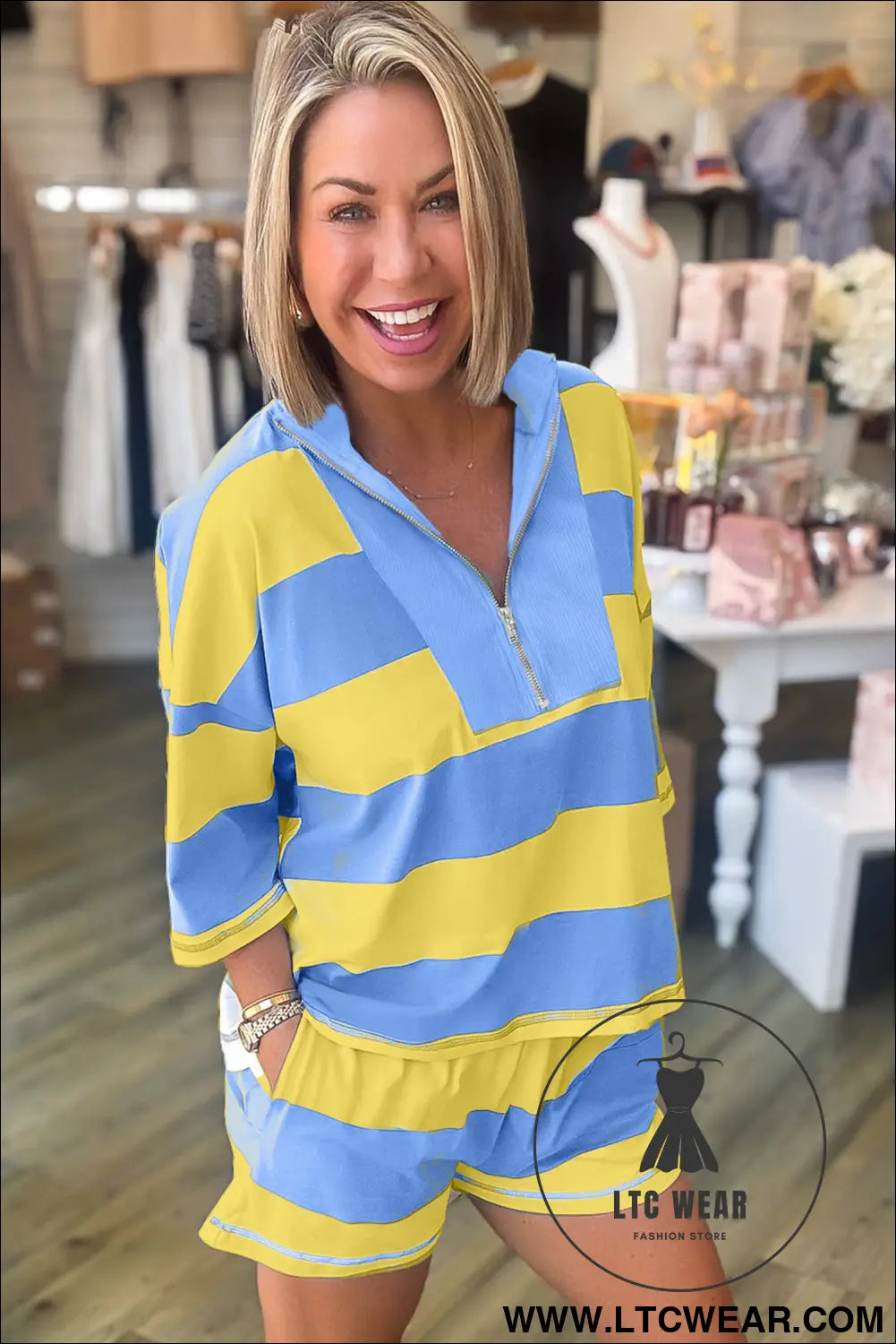 Yellow stripe seam detail half zip tee casual shorts 2pcs set - short sets