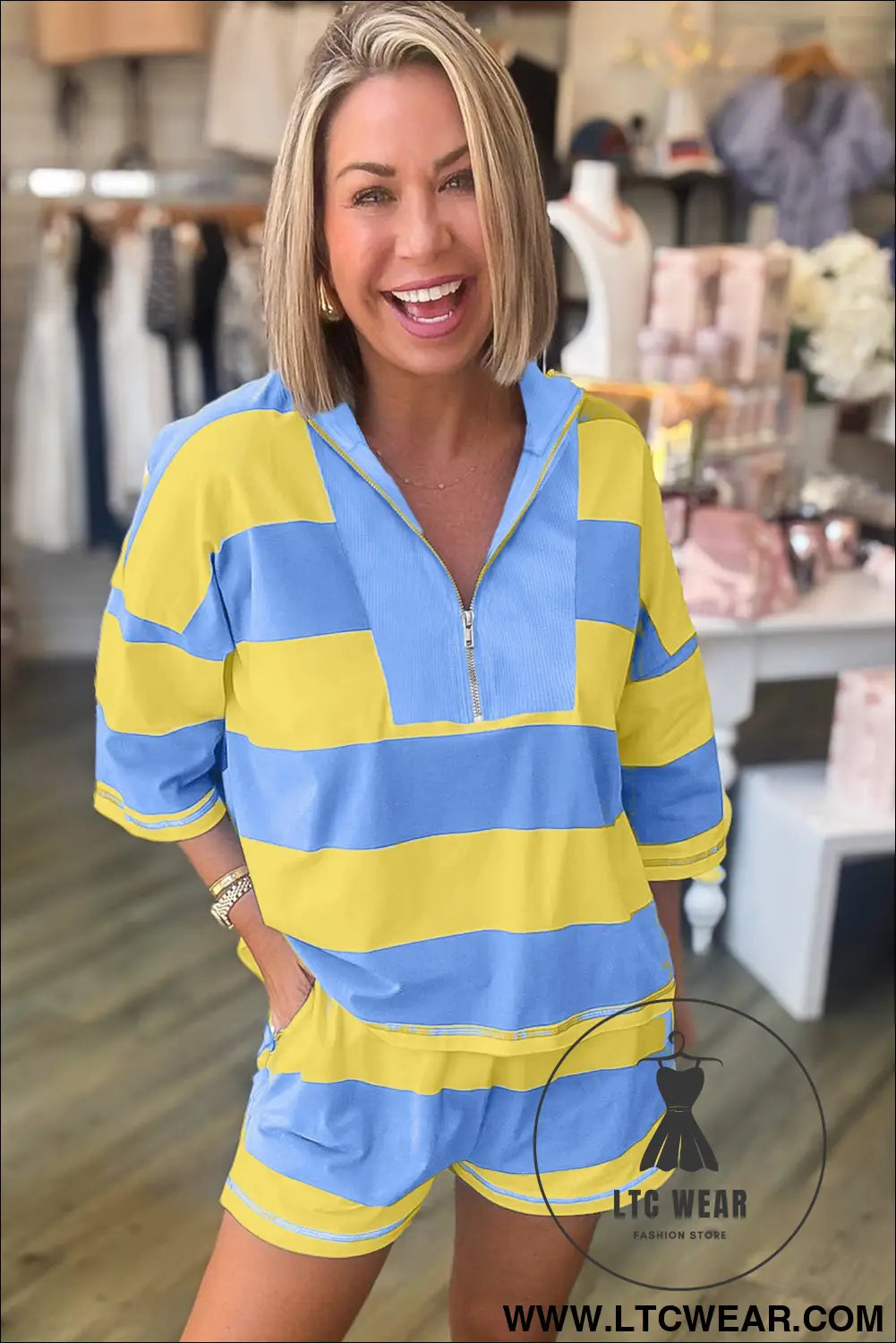 Yellow stripe seam detail half zip tee casual shorts 2pcs set - short sets