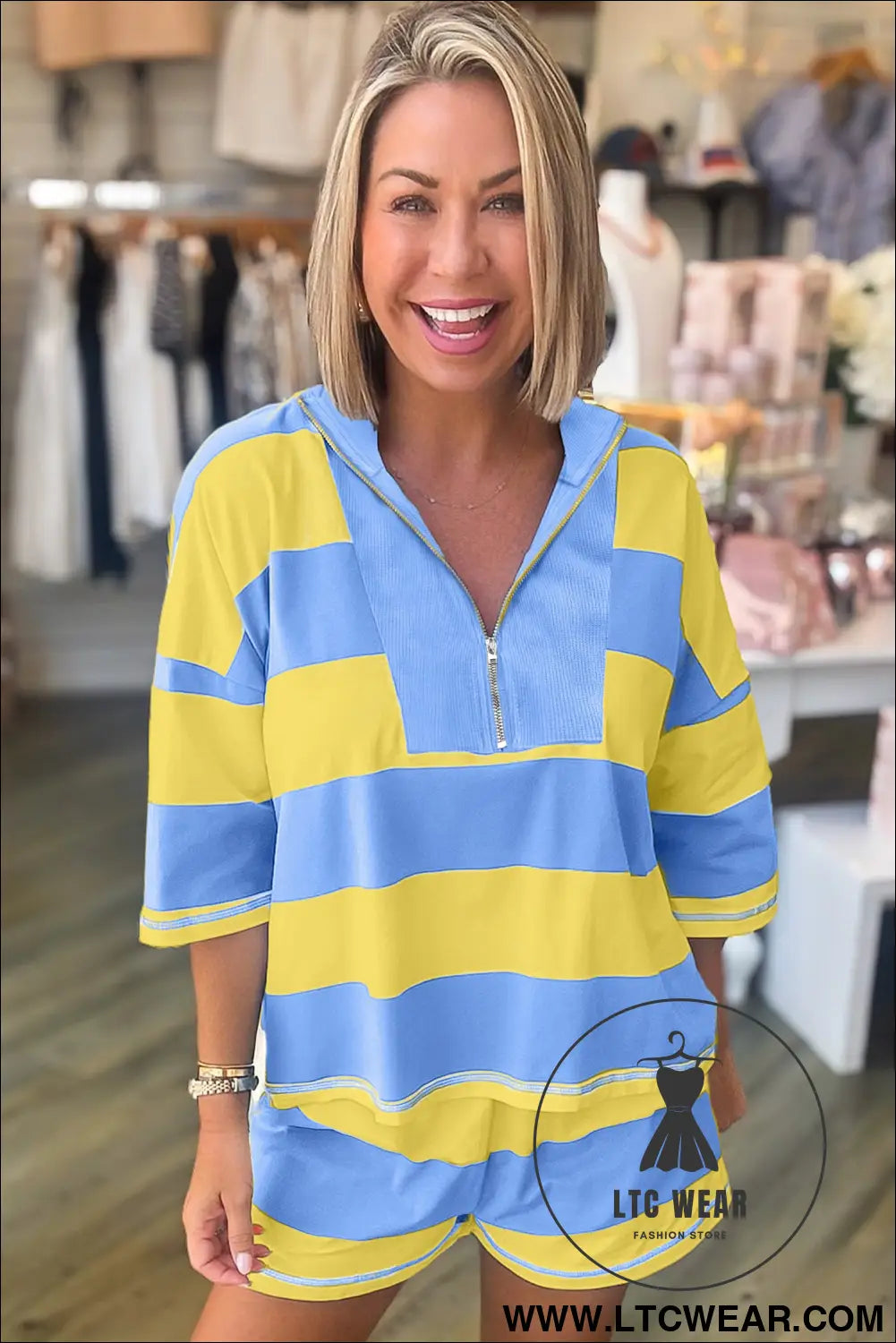 Yellow stripe seam detail half zip tee casual shorts 2pcs set - short sets
