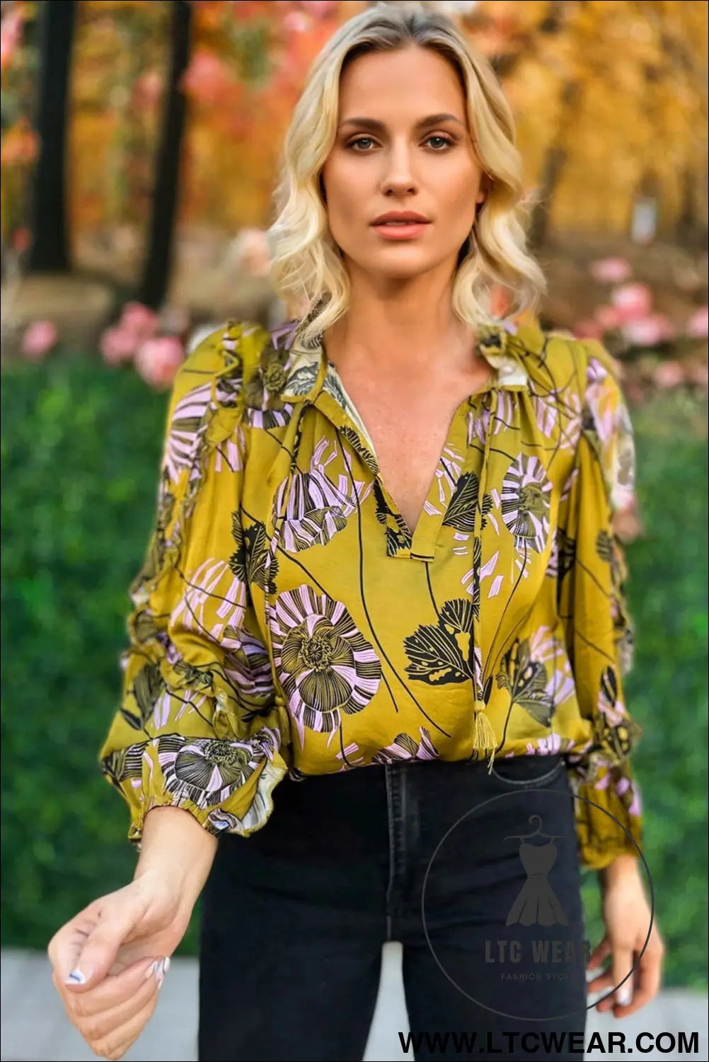 Yellow Vintage Floral V Neck Ruffle Trim Long Sleeve Blouse - L.T.C Wear Online Fashion Store