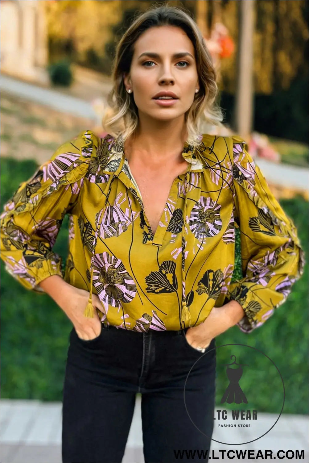 Yellow Vintage Floral V Neck Ruffle Trim Long Sleeve Blouse - L.T.C Wear Online Fashion Store