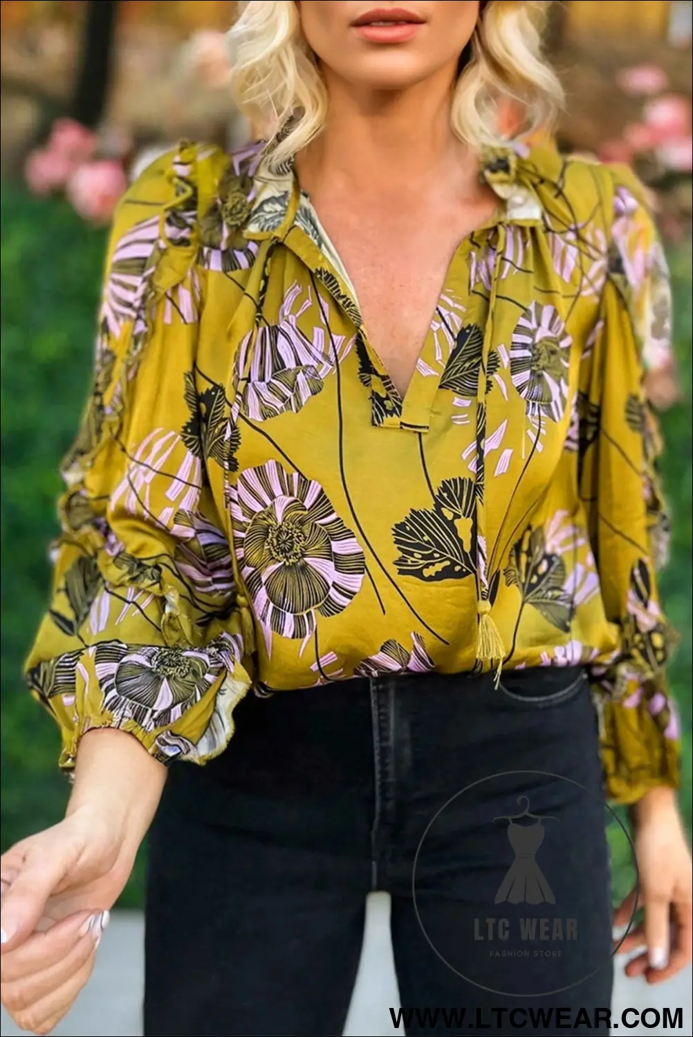 Yellow Vintage Floral V Neck Ruffle Trim Long Sleeve Blouse