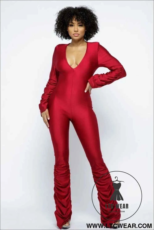 Yoga Shoulder Padded Ruched Stacked Jumpsuit