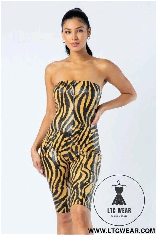 Zebra Print Tube Romper With Front O Ring Zipper Detail