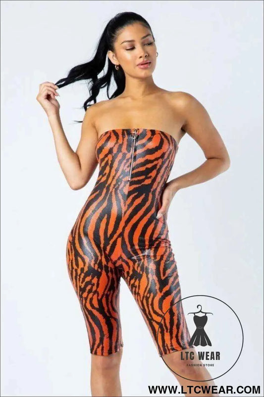 Zebra Print Tube Romper With Front O Ring Zipper Detail